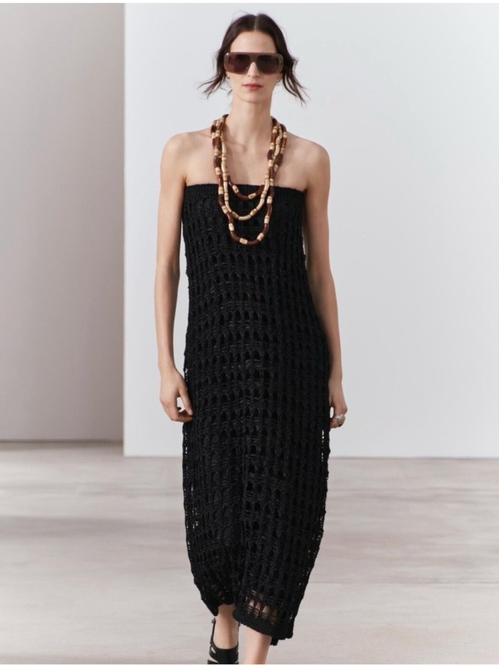 Zara black strapless crochet midi dress small